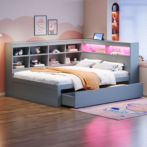 Lit Adulte 140x200 Cm Avec Grand Tiroir, Tête De Lit De Rangement Et LED, En Bois, Gris