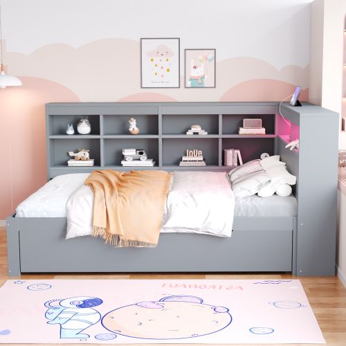 Lit Adulte 140x200 Cm Avec Grand Tiroir, Tête De Lit De Rangement Et LED, En Bois, Gris