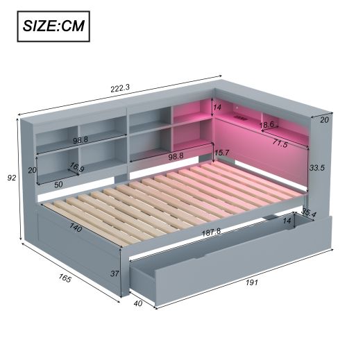 Lit Adulte 140x200 Cm Avec Grand Tiroir, Tête De Lit De Rangement Et LED, En Bois, Gris