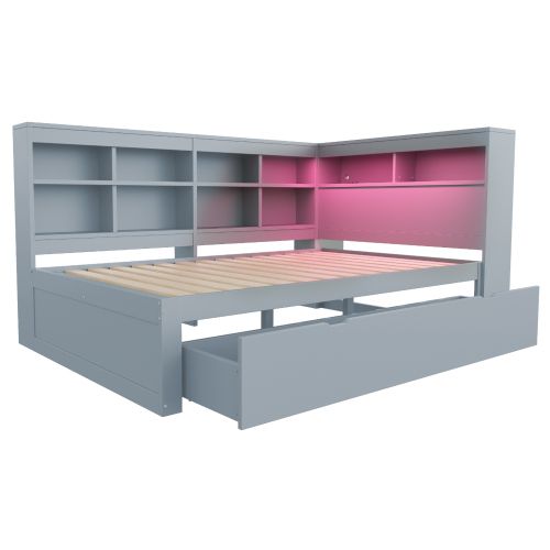 Lit Adulte 140x200 Cm Avec Grand Tiroir, Tête De Lit De Rangement Et LED, En Bois, Gris