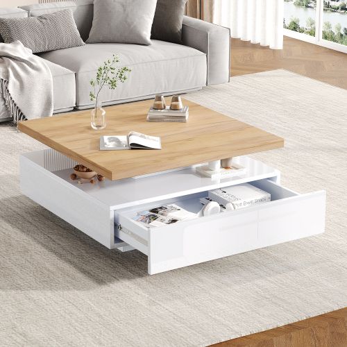 Table Basse Carrée Noyer Et Blanc Haut Brillant, Plateau Rotatif 360° Et Tiroir