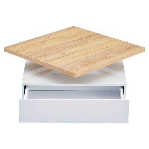 Table Basse Carrée Noyer Et Blanc Haut Brillant, Plateau Rotatif 360° Et Tiroir