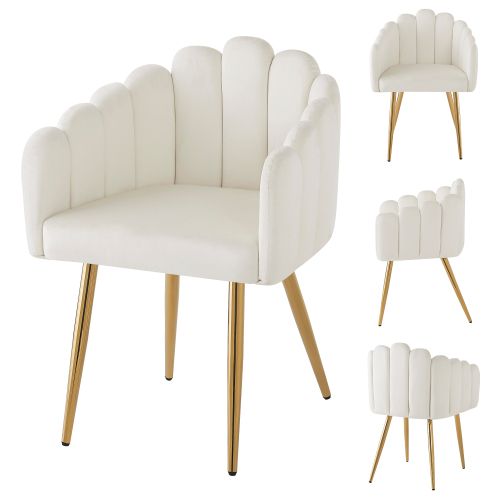 Lot De 4 Chaises De Salle à Manger, Dossier Éventail En Velours, Pieds Métal Doré, Beige Et Doré