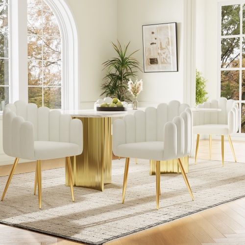 Lot De 4 Chaises De Salle à Manger, Dossier Éventail En Velours, Pieds Métal Doré, Beige Et Doré
