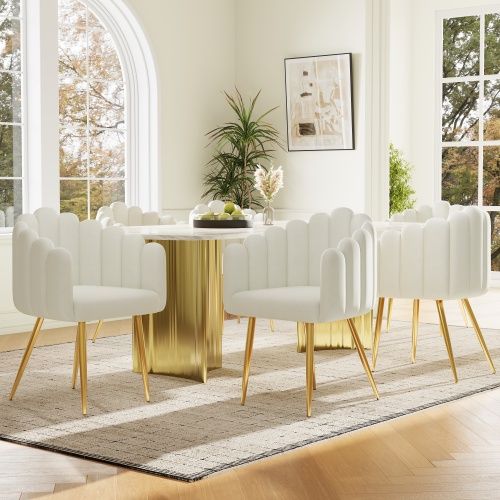Lot De 4 Chaises De Salle à Manger, Dossier Éventail En Velours, Pieds Métal Doré, Beige Et Doré