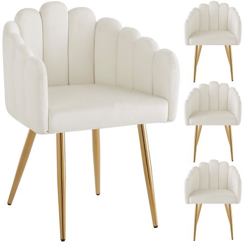 Lot De 4 Chaises De Salle à Manger, Dossier Éventail En Velours, Pieds Métal Doré, Beige Et Doré