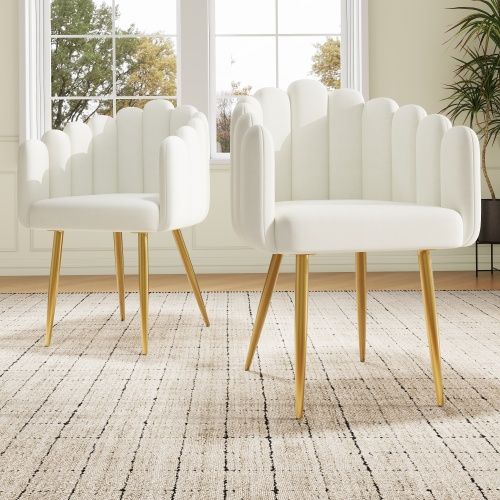 Lot De 2 Chaises De Salle à Manger, Velours, Dossier Éventail, Pieds Métal Doré, Beige Et Or