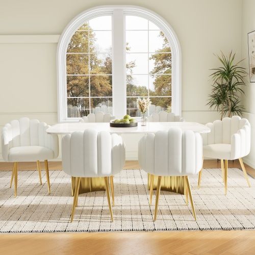 Lot De 2 Chaises De Salle à Manger, Velours, Dossier Éventail, Pieds Métal Doré, Beige Et Or