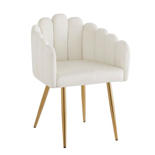 Lot De 2 Chaises De Salle à Manger, Velours, Dossier Éventail, Pieds Métal Doré, Beige Et Or