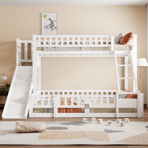 Lit Superposé 140x200 Cm Avec Toboggan Et Rangements, En Bois, Blanc