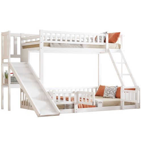 Lit Superposé 140x200 Cm Avec Toboggan Et Rangements, En Bois, Blanc
