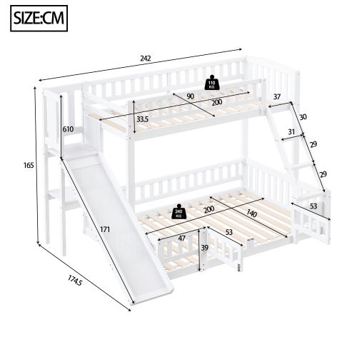 Lit Superposé 140x200 Cm Avec Toboggan Et Rangements, En Bois, Blanc