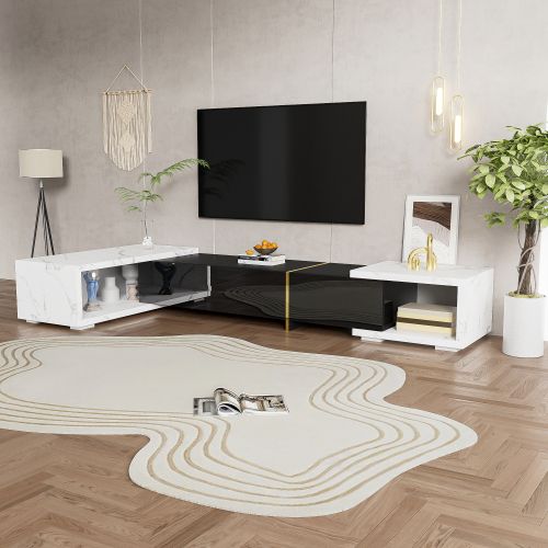 Meuble TV 140-260 Cm Avec Fonction Pivotante, Brillante, Noir Et Aspect Marbre Blanc