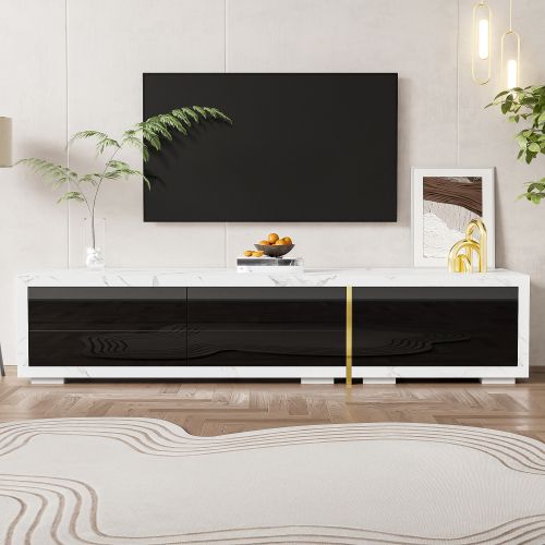 Meuble TV 140-260 Cm Avec Fonction Pivotante, Brillante, Noir Et Aspect Marbre Blanc
