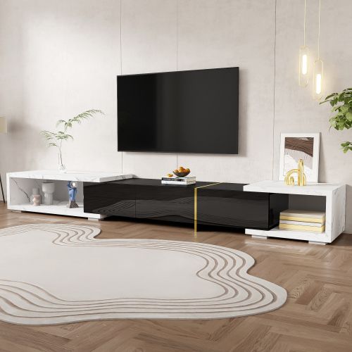 Meuble TV 140-260 Cm Avec Fonction Pivotante, Brillante, Noir Et Aspect Marbre Blanc