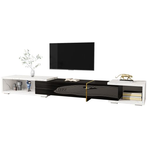 Meuble TV 140-260 Cm Avec Fonction Pivotante, Brillante, Noir Et Aspect Marbre Blanc