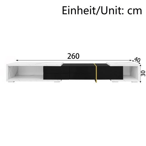Meuble TV 140-260 Cm Avec Fonction Pivotante, Brillante, Noir Et Aspect Marbre Blanc