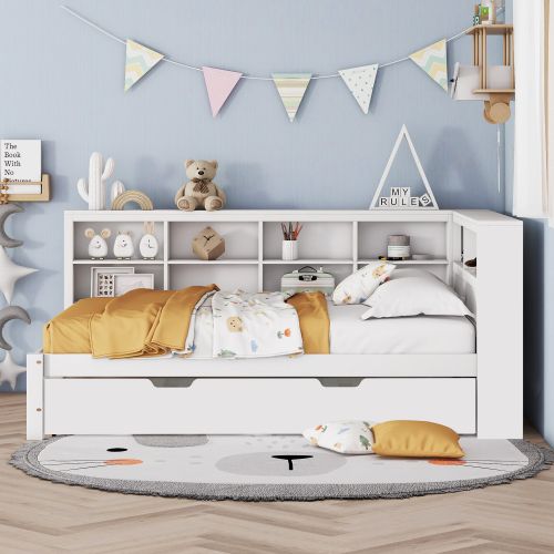 Lit Adulte 140x200 Cm, Avec Lit 90x190 Cm Et Rangement, En Bois, Blanc