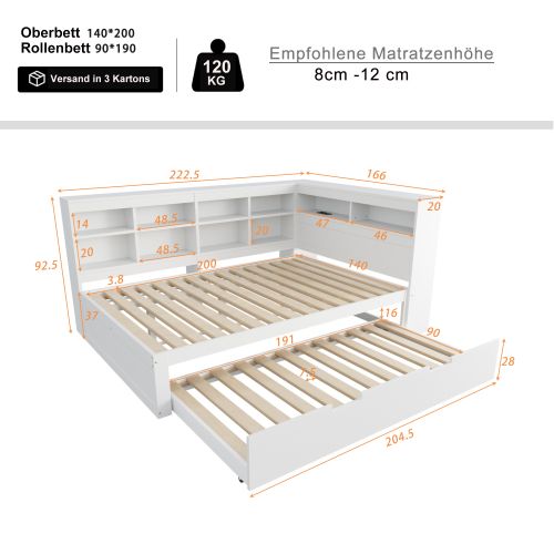 Lit Adulte 140x200 Cm, Avec Lit 90x190 Cm Et Rangement, En Bois, Blanc