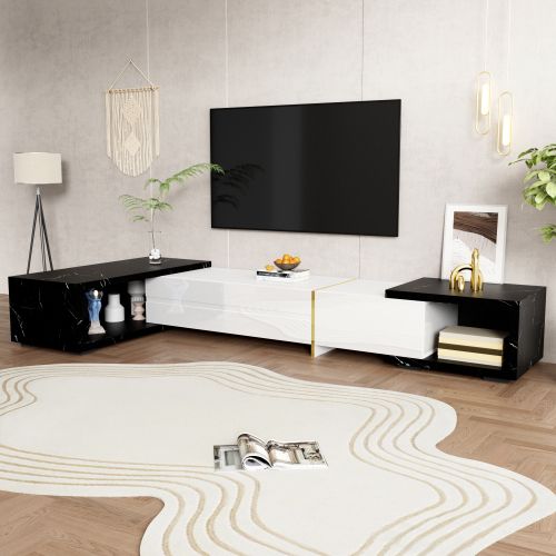 Meuble TV 140-260 Cm, Brillante, Pivotant, Aspect Marbre Noir Et Blanc