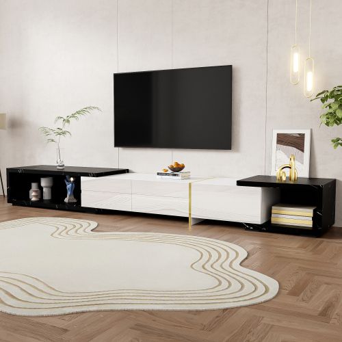 Meuble TV 140-260 Cm, Brillante, Pivotant, Aspect Marbre Noir Et Blanc