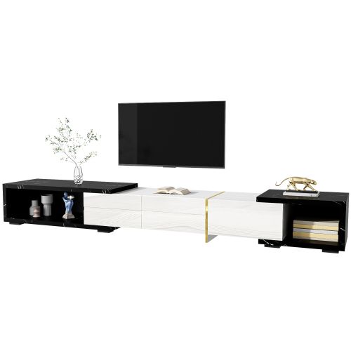 Meuble TV 140-260 Cm, Brillante, Pivotant, Aspect Marbre Noir Et Blanc