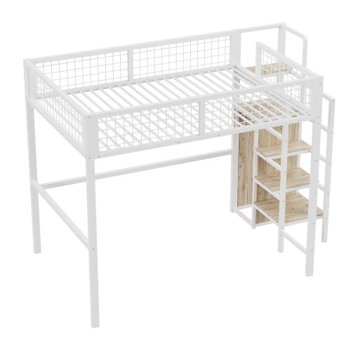 Lit Mezzanine 140x200 Cm, Avec Armoire Intégrée Et Lattes, En Métal, Blanc