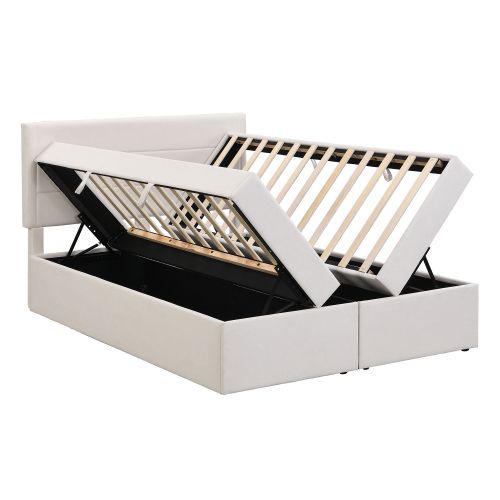 Lit Coffre 140x200 Cm Avec Rangement Et Sommier à Lattes, En Lin, Beige