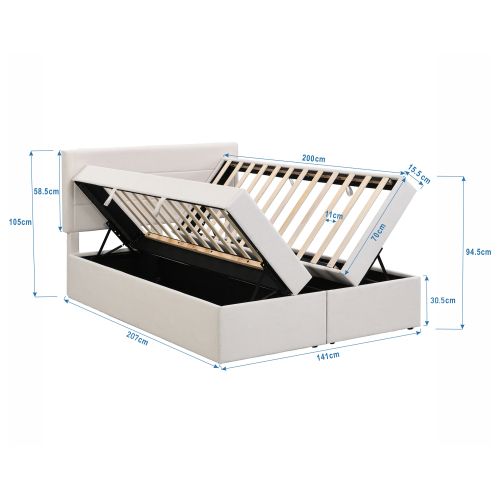 Lit Coffre 140x200 Cm Avec Rangement Et Sommier à Lattes, En Lin, Beige