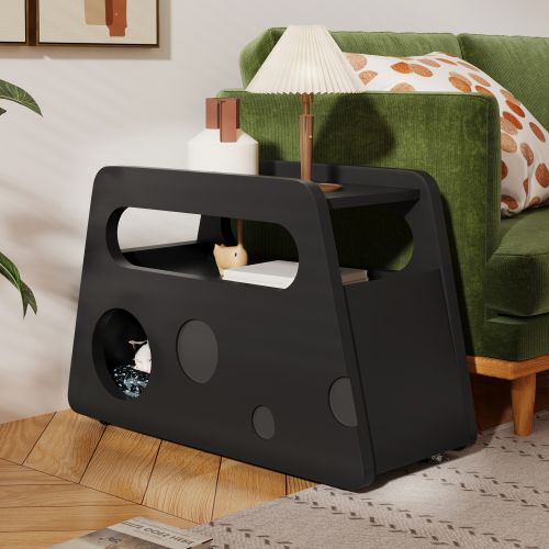 Bout De Canapé Noir, table D’appoint Rectangulaire Sur Roulettes, Design Arrondi