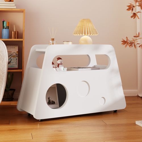 Table Basse Blanche, Table D'appoint Mobile 81x33x51,5 Cm Avec Roulettes Et Coins Arrondis