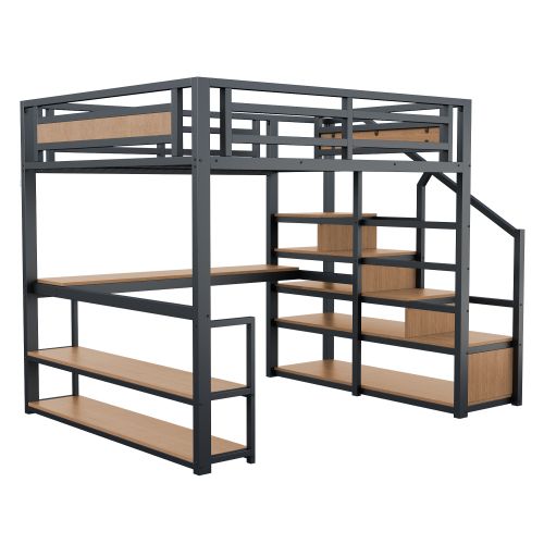 Lit Mezzanine 140x200 Cm, Avec Bureau Et Étagères, En Métal, Noir