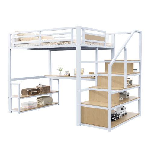 Lit Mezzanine 140x200 Cm, Bureau Et Rangements, Garde-corps, En Métal, Blanc