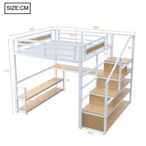 Lit Mezzanine 140x200 Cm, Bureau Et Rangements, Garde-corps, En Métal, Blanc