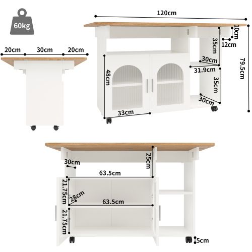 Desserte De Cuisine à 5 Roulettes Avec Plateau Rabattable, Blanc