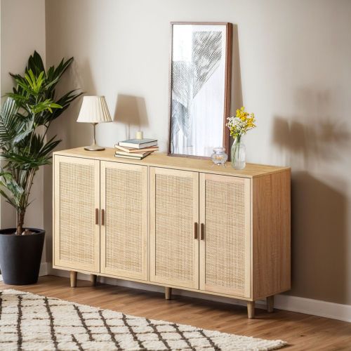 Buffet De Salon 158 X 40 X 88 Cm Avec 4 Portes Rotin Naturel
