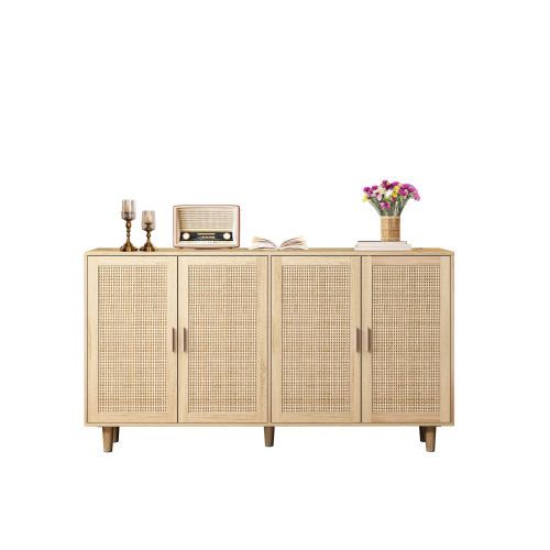 Buffet De Salon 158 X 40 X 88 Cm Avec 4 Portes Rotin Naturel
