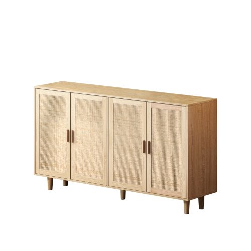 Buffet De Salon 158 X 40 X 88 Cm Avec 4 Portes Rotin Naturel