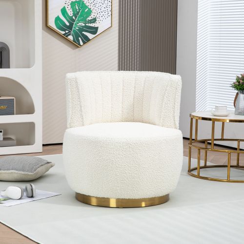 Fauteuil Pivotant 360° En Teddy, Dossier Enveloppant, Assise Rembourrée, Base Bois Et Métal, Blanc