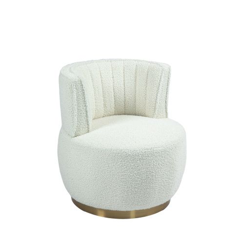 Fauteuil Pivotant 360° En Teddy, Dossier Enveloppant, Assise Rembourrée, Base Bois Et Métal, Blanc