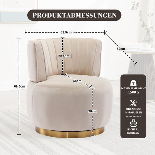 Fauteuil Pivotant En Velours, Dossier Enveloppant, Assise Mousse Haute Densité, Bois Et Métal, Beige