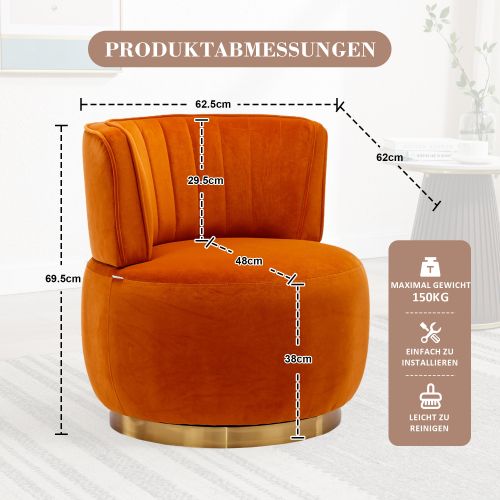 Fauteuil Pivotant En Velours, Dossier Enveloppant, Assise Rembourrée, Orange