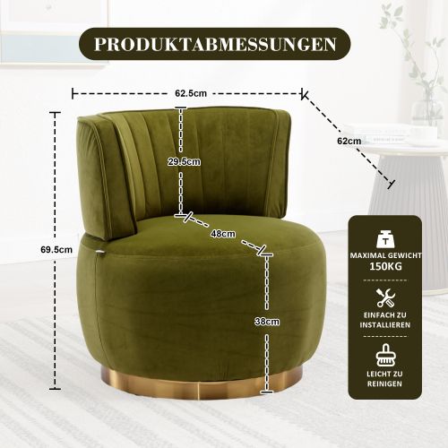 Fauteuil Pivotant 360° En Velours, Assise Rembourrée, Olive