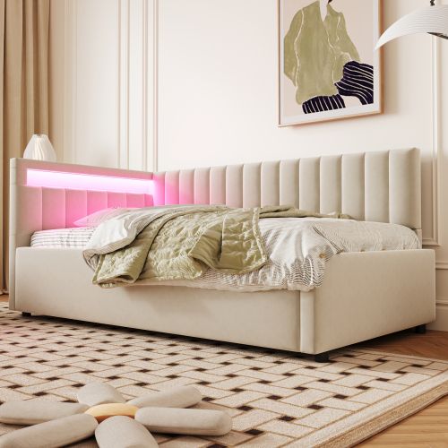 Lit Coffre 90x200 Cm, Tête De Lit Avec LED, Avec Sommier à Lattes, En Velours, Beige