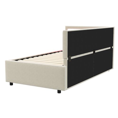 Lit Coffre 90x200 Cm, Tête De Lit Avec LED, Avec Sommier à Lattes, En Velours, Beige