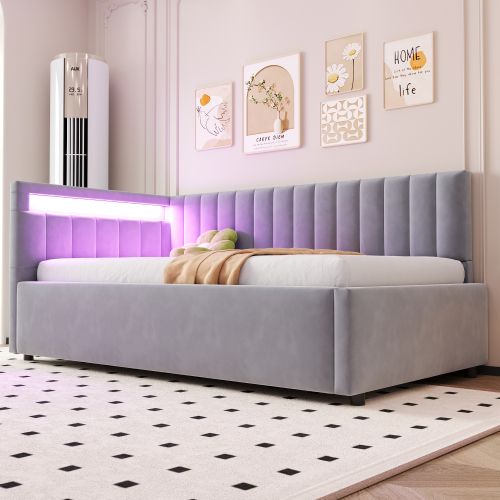 Lit Coffre 90x200 Cm Avec Sommier à Lattes, Tête De Lit Avec LED, En Velours, Gris