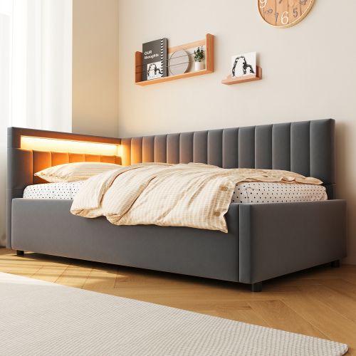 Lit Coffre 90x200 Cm, Tête De Lit LED Et Lattes, En Velours, Gris