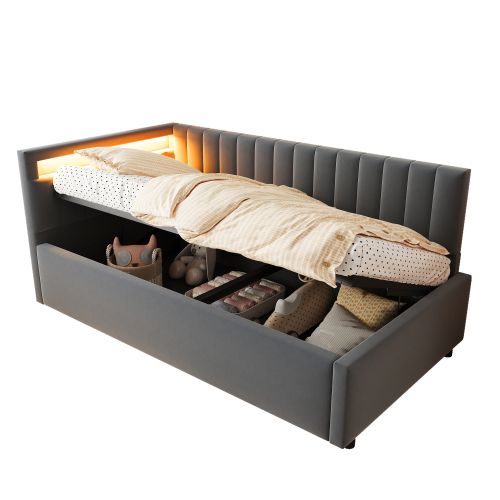 Lit Coffre 90x200 Cm, Tête De Lit LED Et Lattes, En Velours, Gris