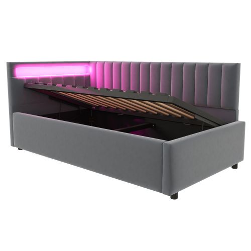 Lit Coffre 90x200 Cm, Tête De Lit LED Et Lattes, En Velours, Gris