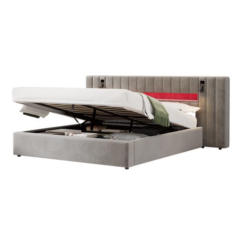 Lit Coffre 180x200 Cm Avec Tête De Lit LED Et Ports USB Et Type-c, En Velours, Gris